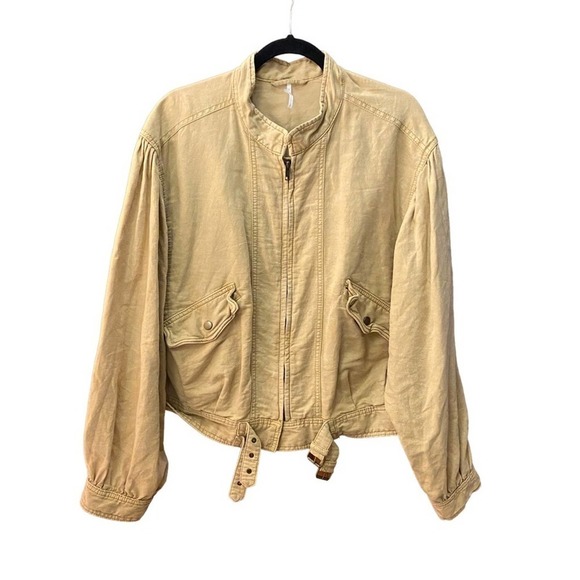 Free people linen blend bubble sleeve beige jacket large bomber - Picture 1 of 6
